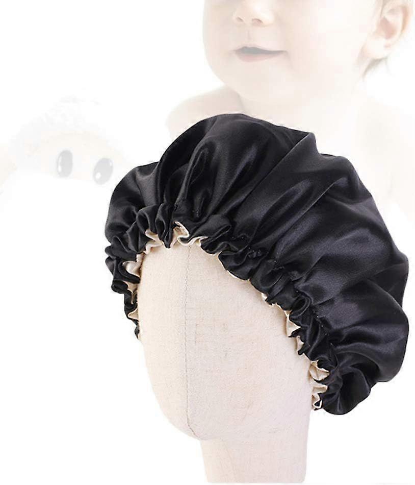 Kids Satin Double Layer Sleeping Cap Adjustable Elastic Sleeping Cap 1pc Black