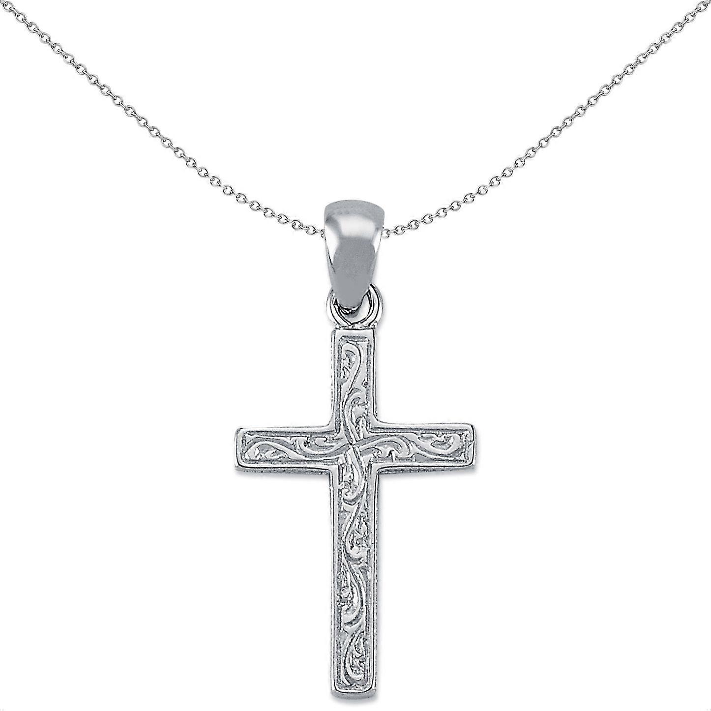 Jewelco London Rhodium Plated Sterling Silver Carved Cross Pendant Necklace 31mm 18 inch