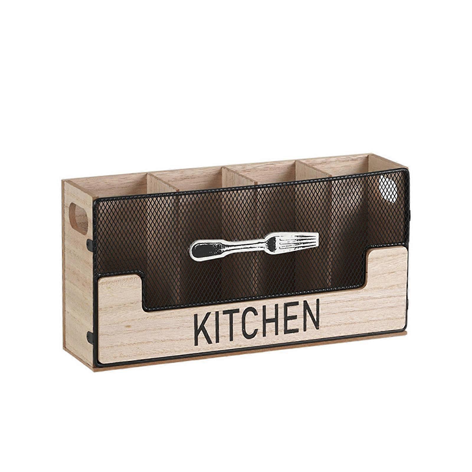 Wood Cutlery Organizer with Four Compartments, Rustic Flatware Storage Box for Kitchen and Restaurant
