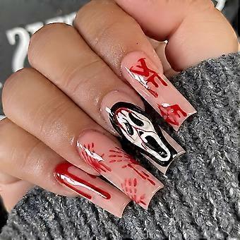 Halloween Press On Nails Long Coffin Fake Nails with Skull Design and Glue, 24pcs Reusable Set