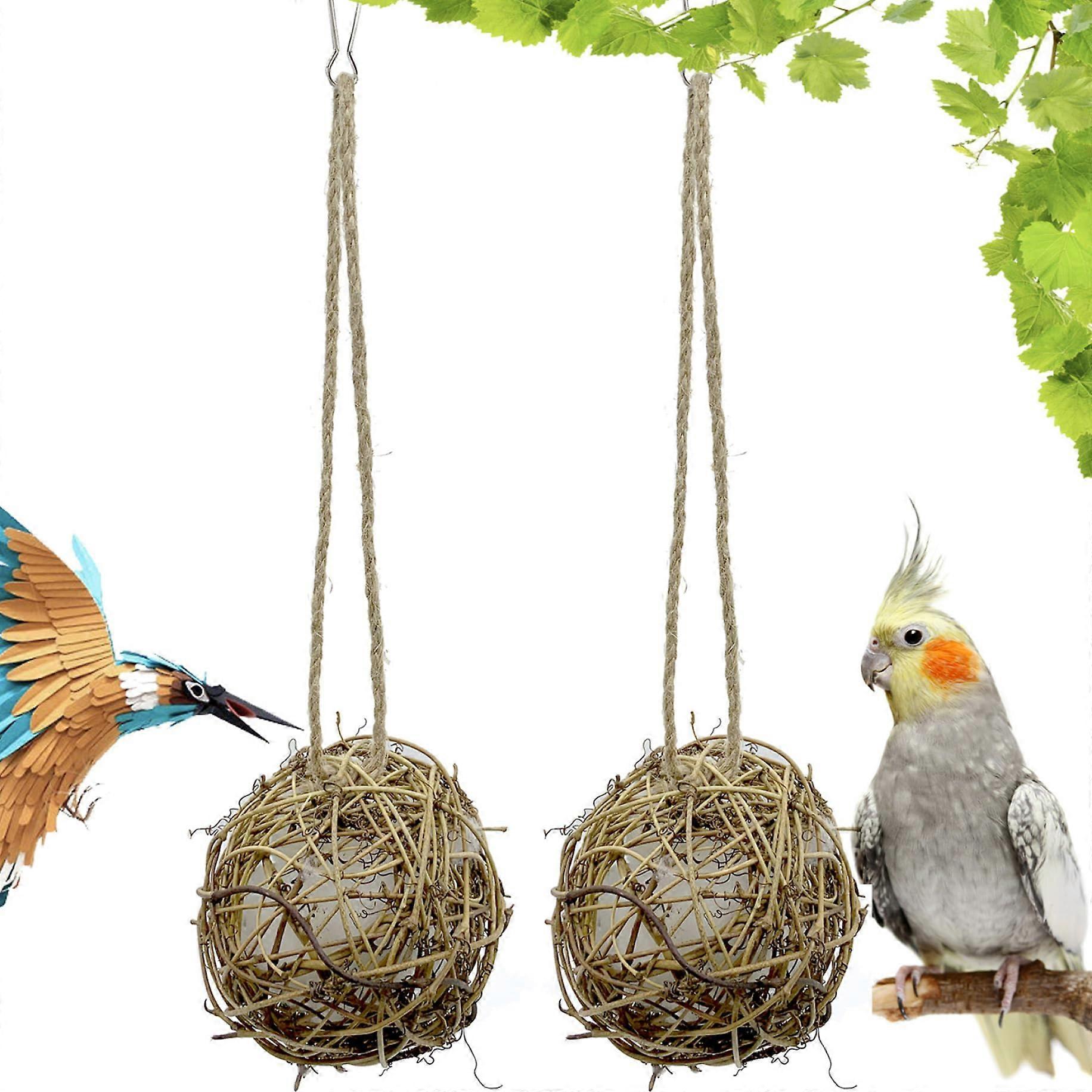 2PCS Natural Rattan Hummingbird Nesting Ball with Rope, Refillable Bird Nesting Material Gift Set