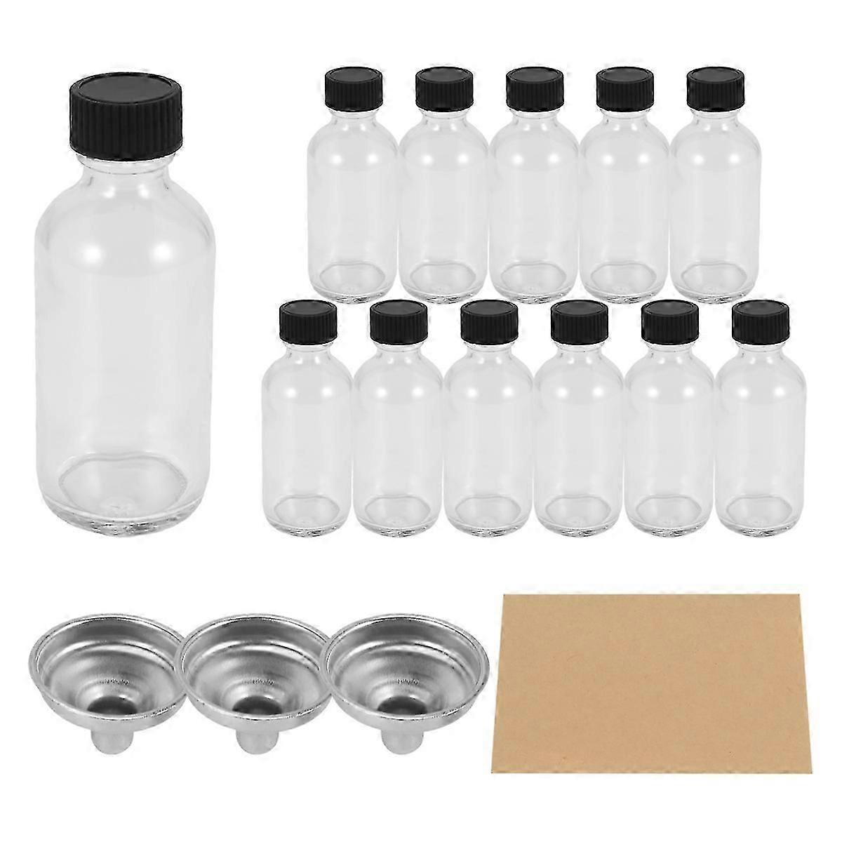 12Pc 2 Oz Small Clear Glass Bottles with Lids & 3 Funnels