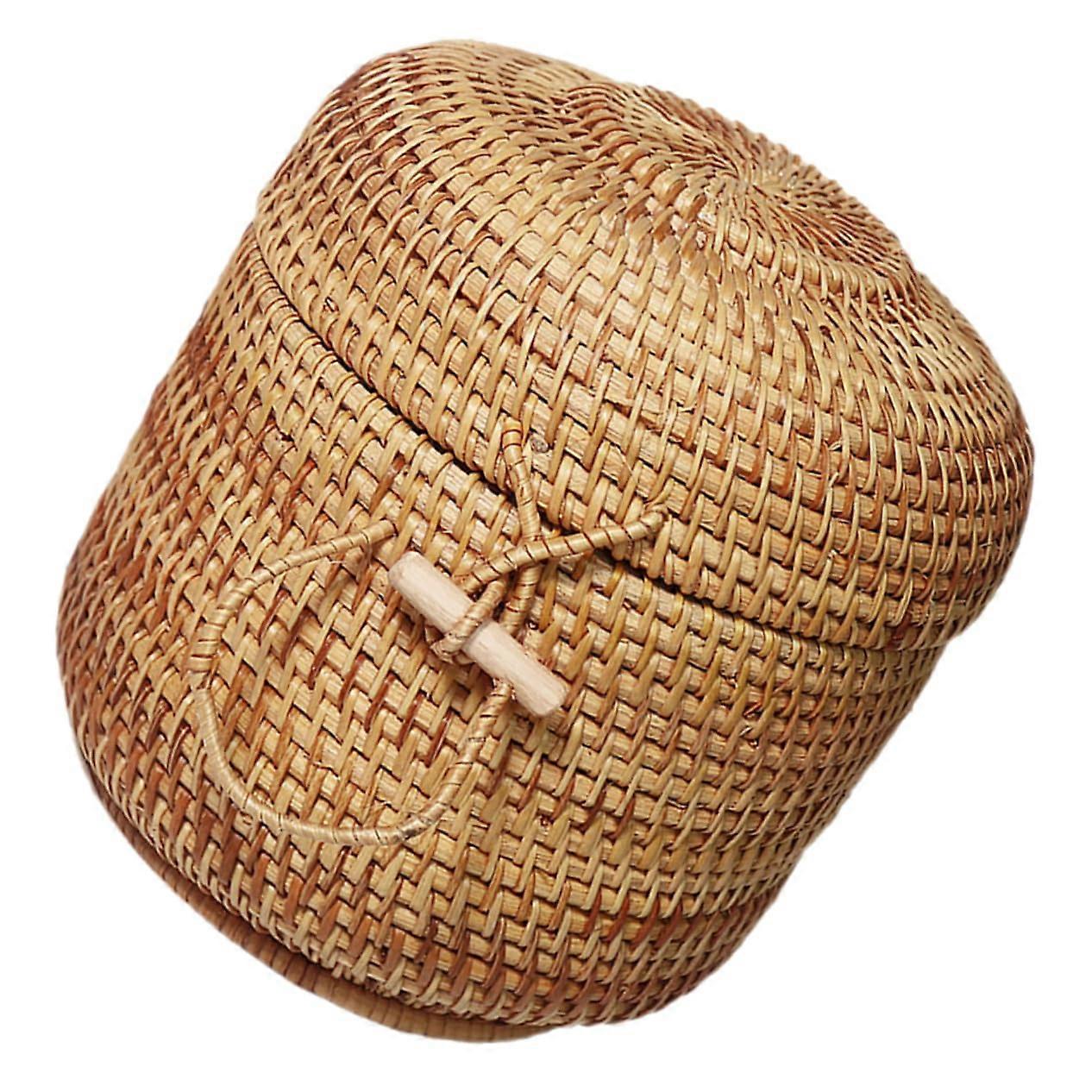 Handmade Rattan Storage Basket with DustProof Lid Round Wicker Container for Kitchen Organization