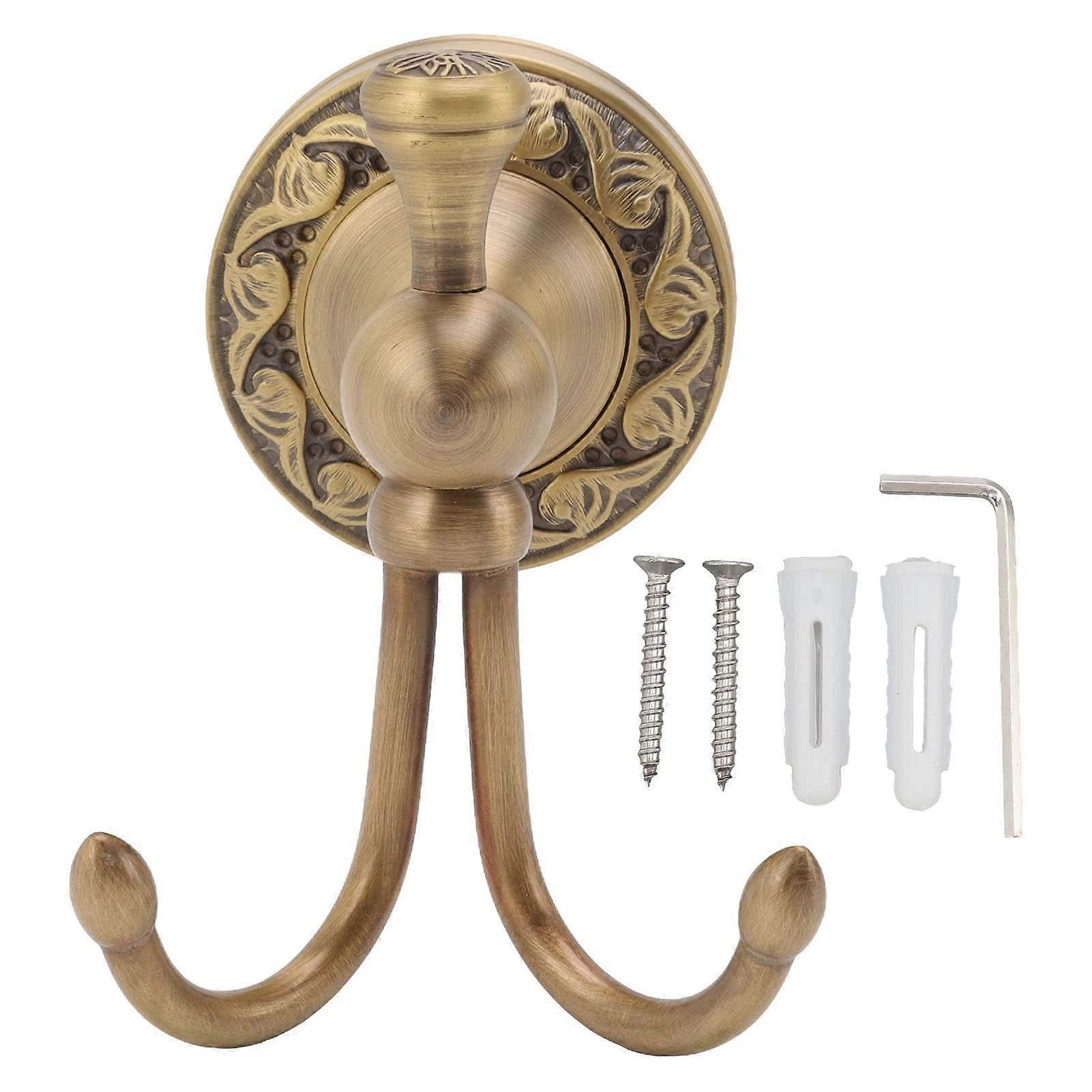 Antique Brass Double Prong Bathroom Robe and Towel Hook, Rust Resistant Wall Mount Design