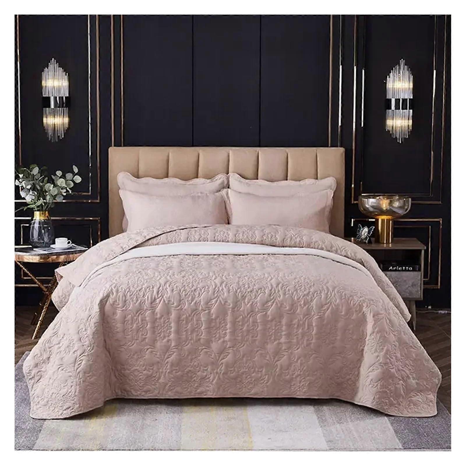 King Size Quilted Bedspread Set Solid Cotton Polyester Neutral Color with Pillowcases