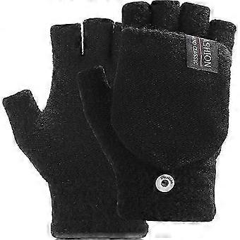 Gants sans doigts pour femmes et hommes, avec couverture Mitaines convertibles Gants tricotésNoir