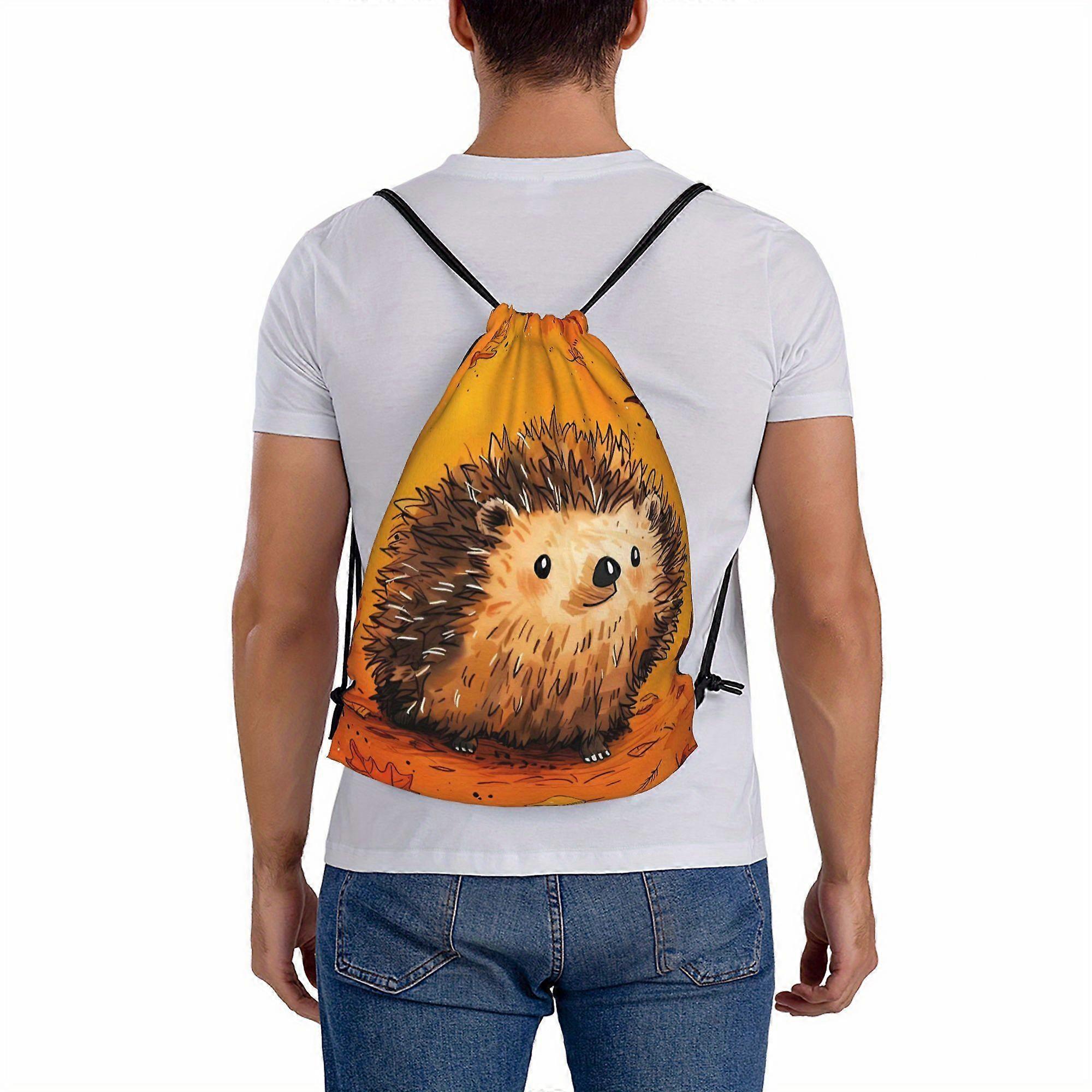 Hedgehog Drawstring Backpack - Soft Shell, Polyester, Machine Washable, Utility Pocket, Cartoon Design, Black Drawstring-Pqasd