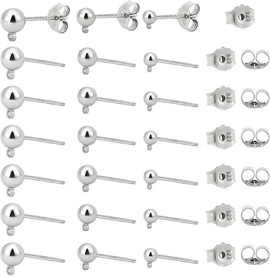 30 Sets 925 Sterling Silver Earring Posts Platinum Plated Earring Making Kit 3 Sizes Stud Earring Posts with Loop Round Ball