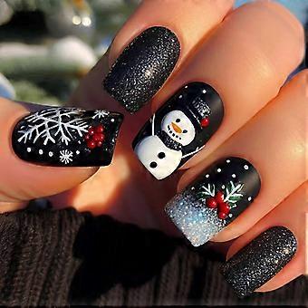 Christmas Press On Nails Snowman & Snowflake Short Square Glossy False Nails with Glue 24Pcs