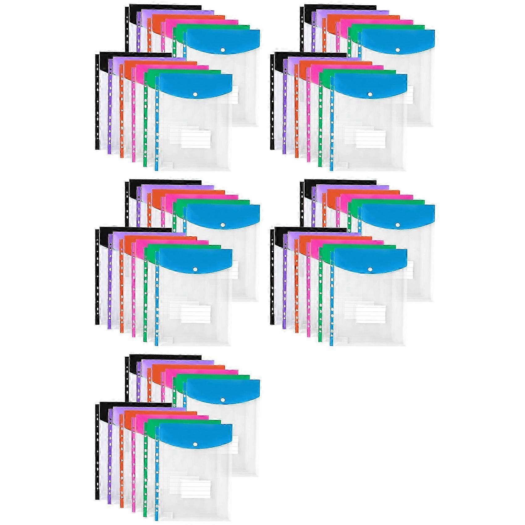 60Pack Plastic Envelopes, Binder Pockets compatible with 3/4/11 Ring Binder,Expandable Document Organizer with Snap Button and Label