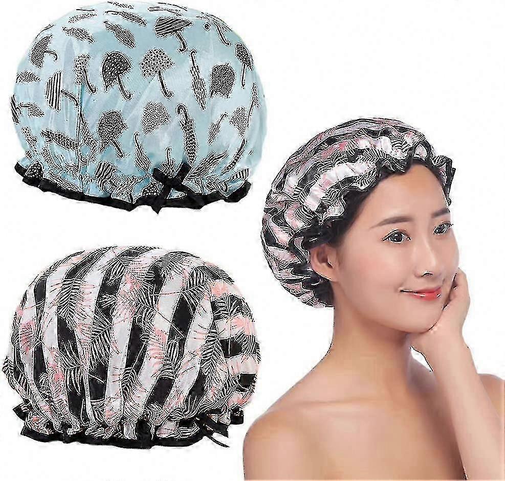 Waterproof Double-Layer Reusable Women's Shower Caps, 2-Pack