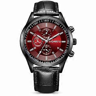 Men's sports watch leather strap black case red dial 3-eye luminous waterproof student fashion JY