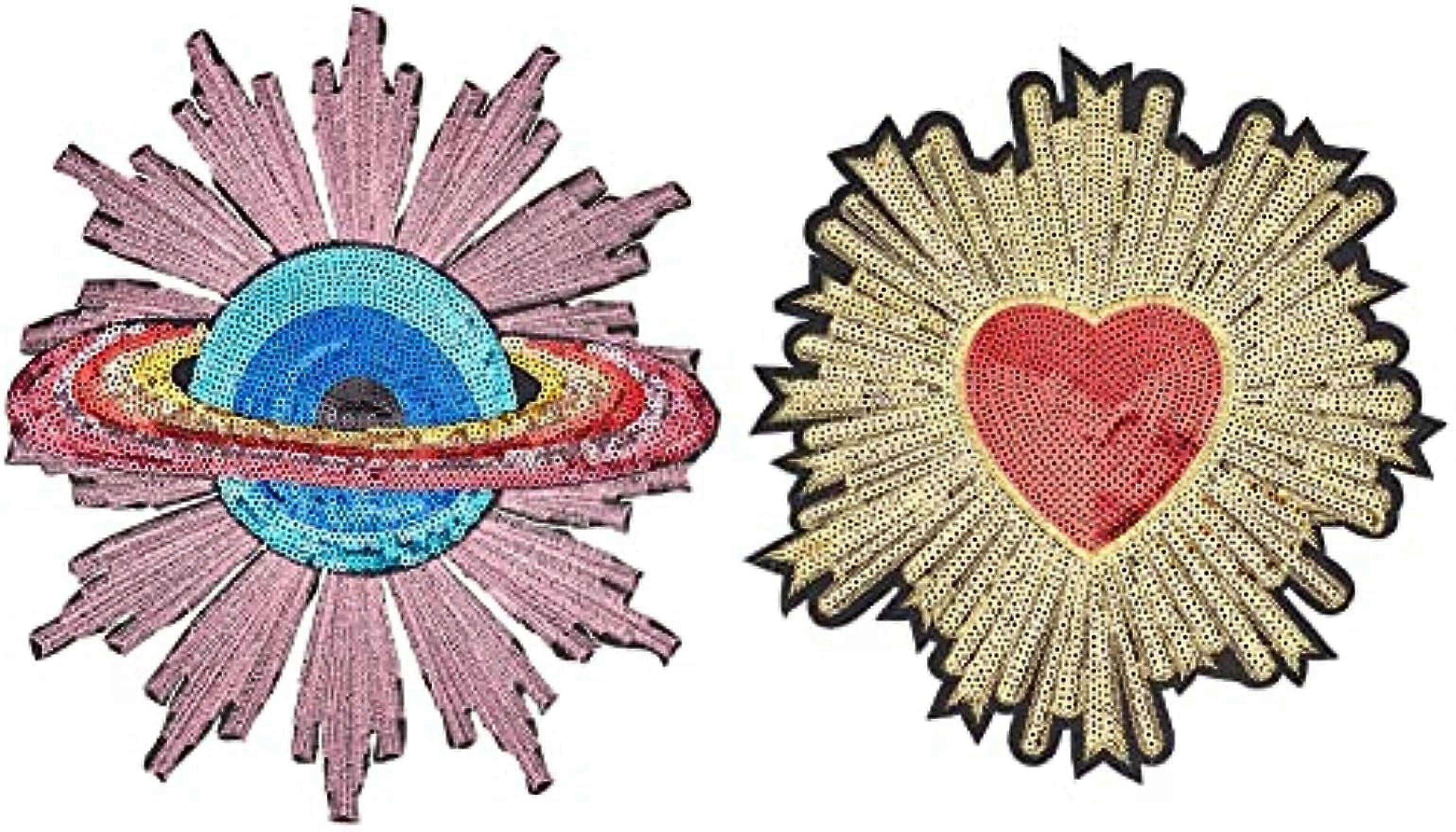2PCS 2 Style Planet Heart Iron on Applique 7.9~9.8 inch Computerized Embroidery Cloth Patches Decorative Glitter