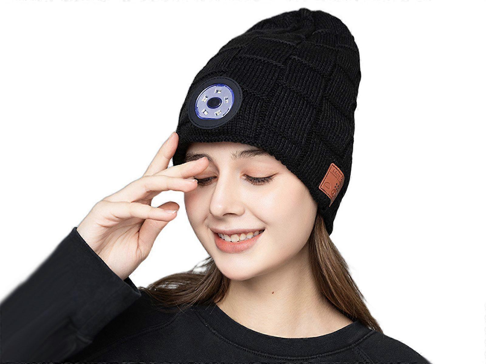 2PCS Wireless Bluetooth Headphone Beanie LED Lights Hat Black