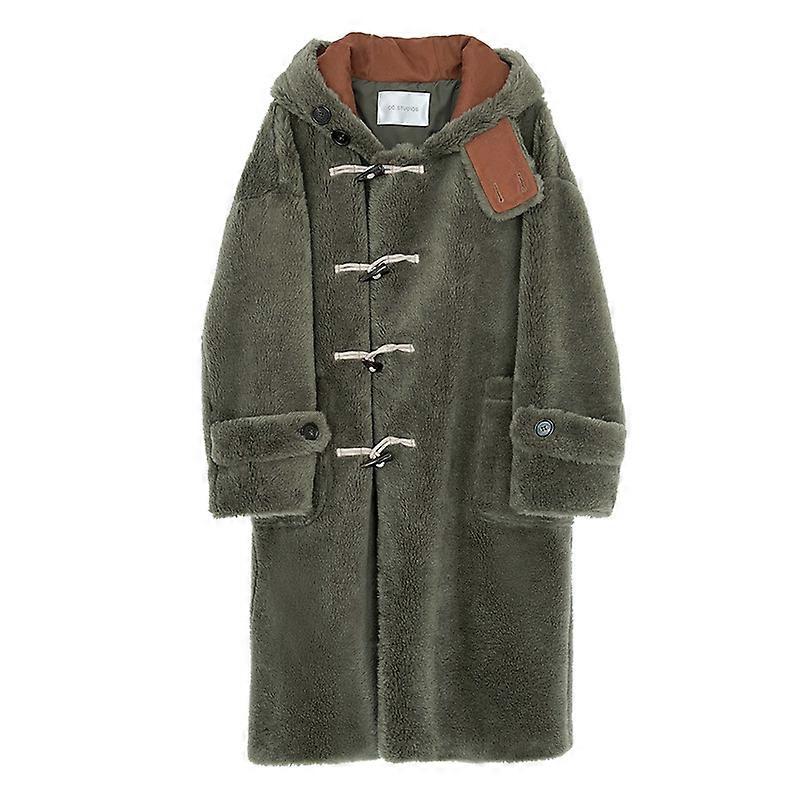Women's Hooded Lamb Wool Jacket Thickened Warm Horn Button Female Jackets Teddy Coats
