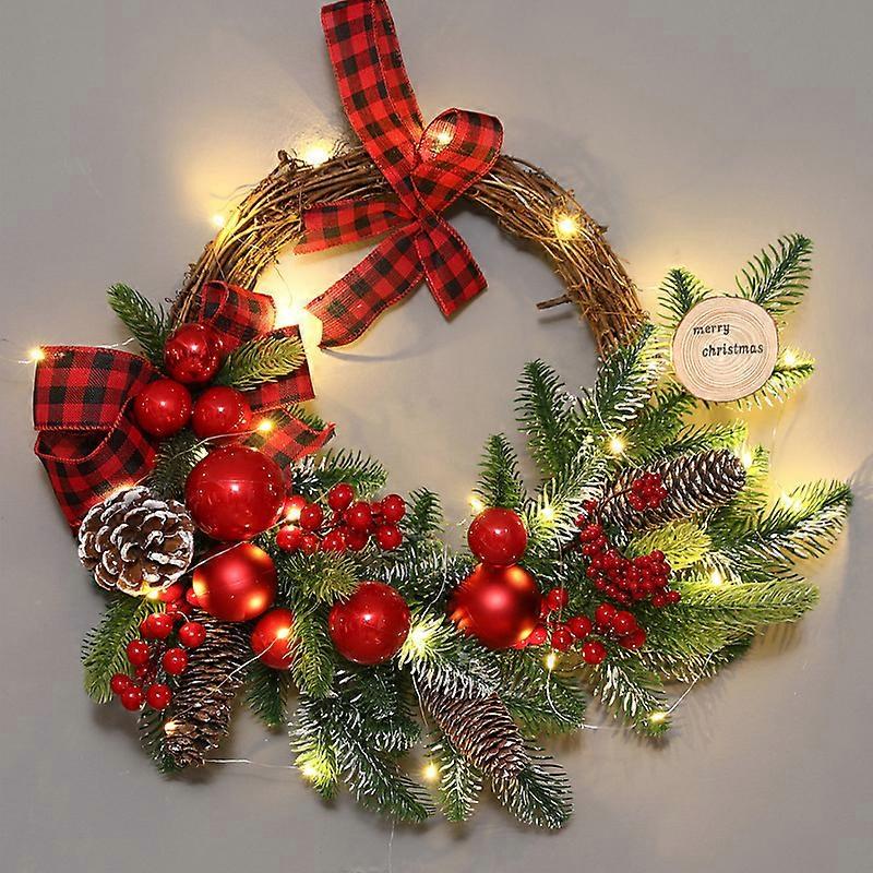 Artificial Christmas wreath, green, warm light, pinecone decoration, berry clusters, frosted branches, Christmas series, Semiring45CM