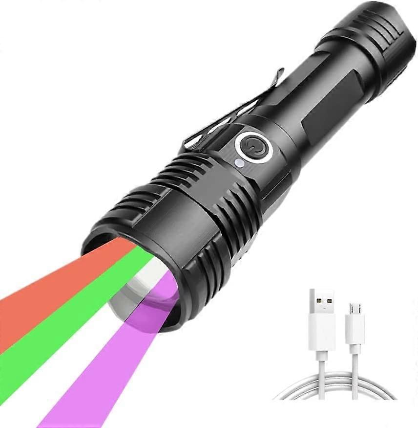 Tactical Torch 4 Colors in 1, Super Bright Rechargeable LED Flashlight with UV Red Green White Light, Multifunction Zoomable Waterproof Torches for Ca