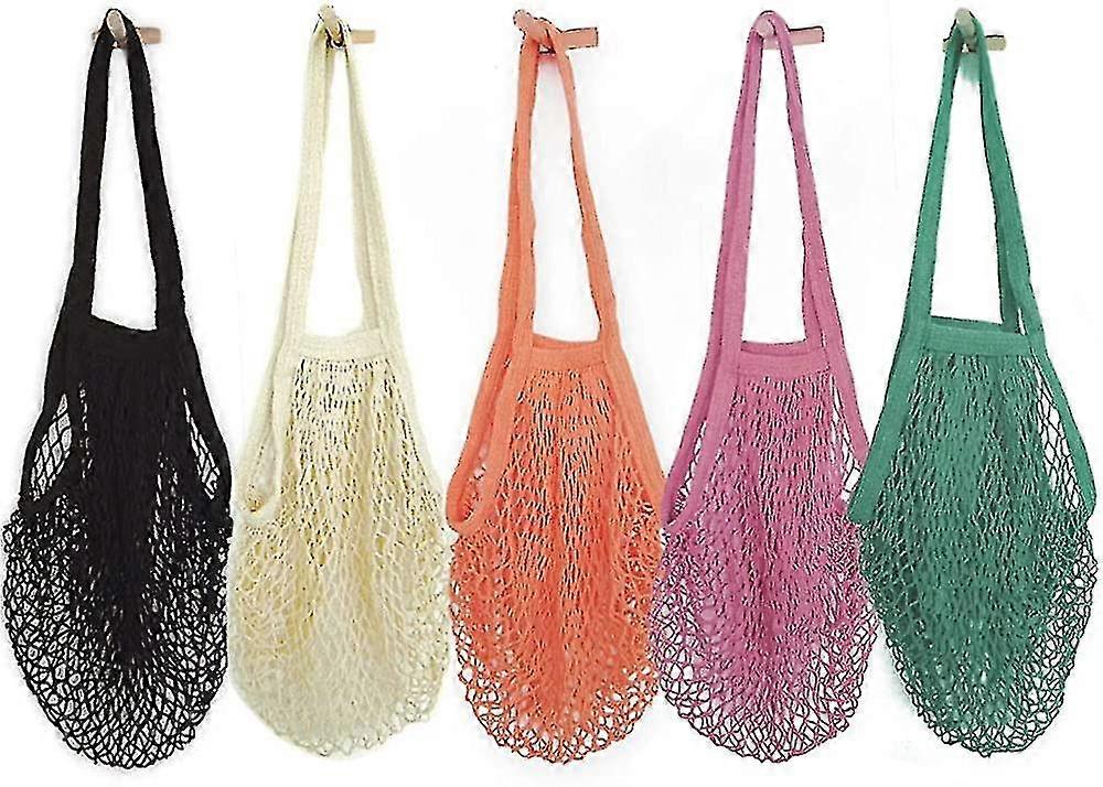 Pack Of 5 Portable/reusable/washable Cotton Mesh String Organic Organizer Shopping Handbag Long Handle Net Tote