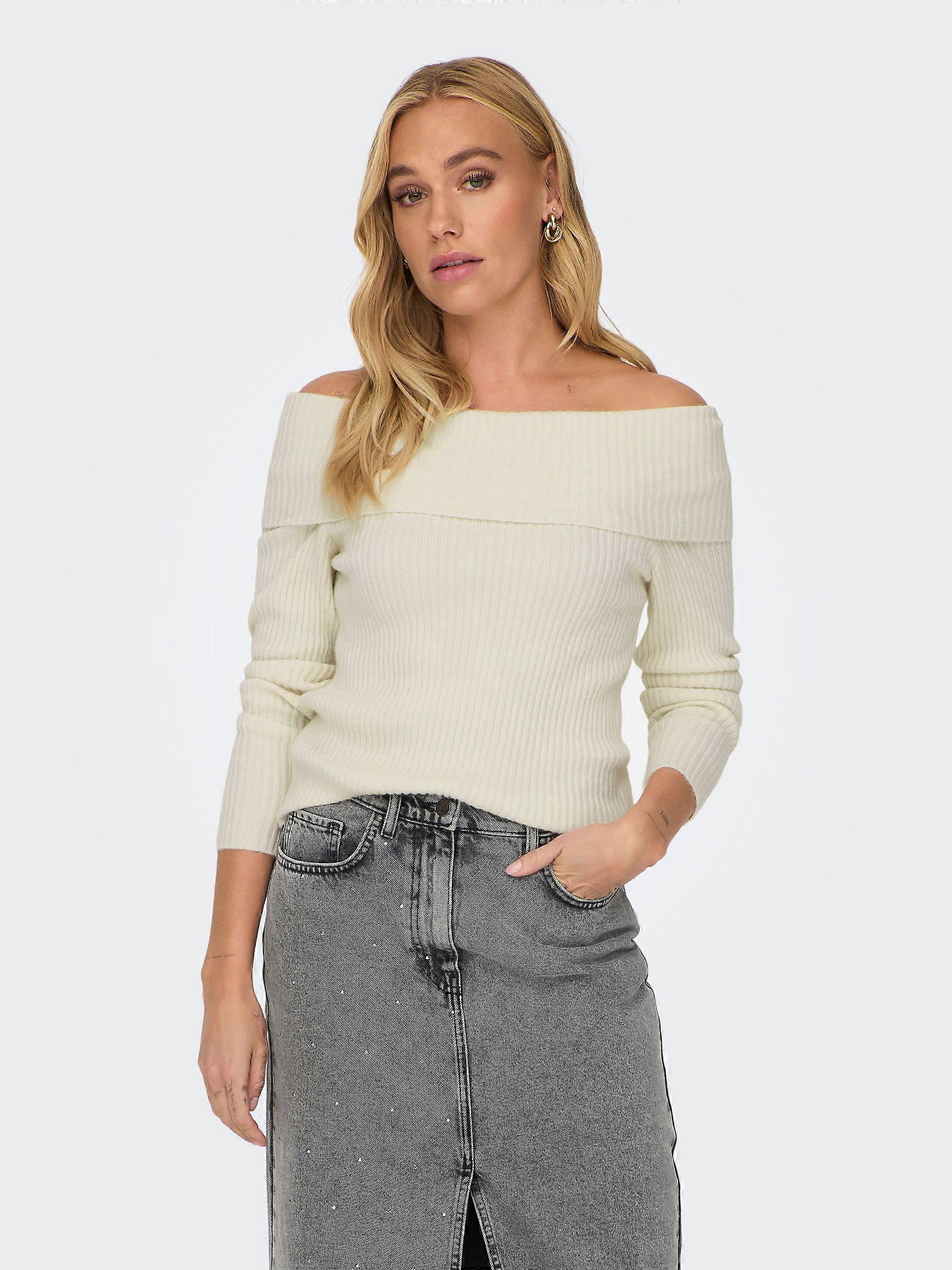 ONLY Damen Weiche Strickpullover Flachstrick Schulterfrei Langarm Bequem