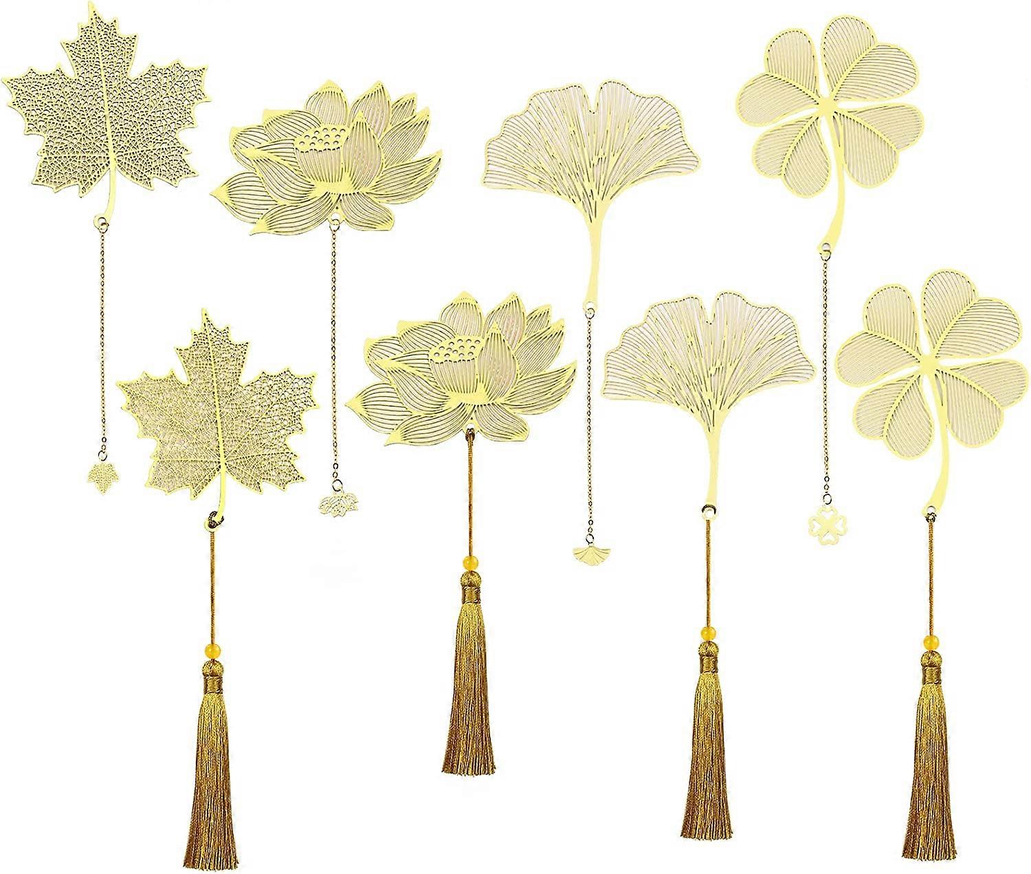 8 Pack Metal Bookmarks Set, Gold Leaf Bookmark with Chain