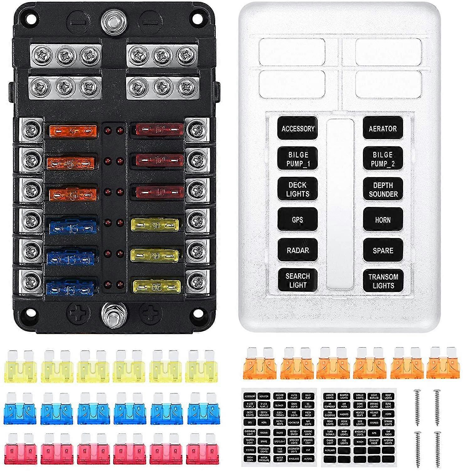 12 Way Teardrop Fuse Holder, Fuse Box With 24 Fuses 12 Led Lights Protective Cover For Car Boat Motorhome