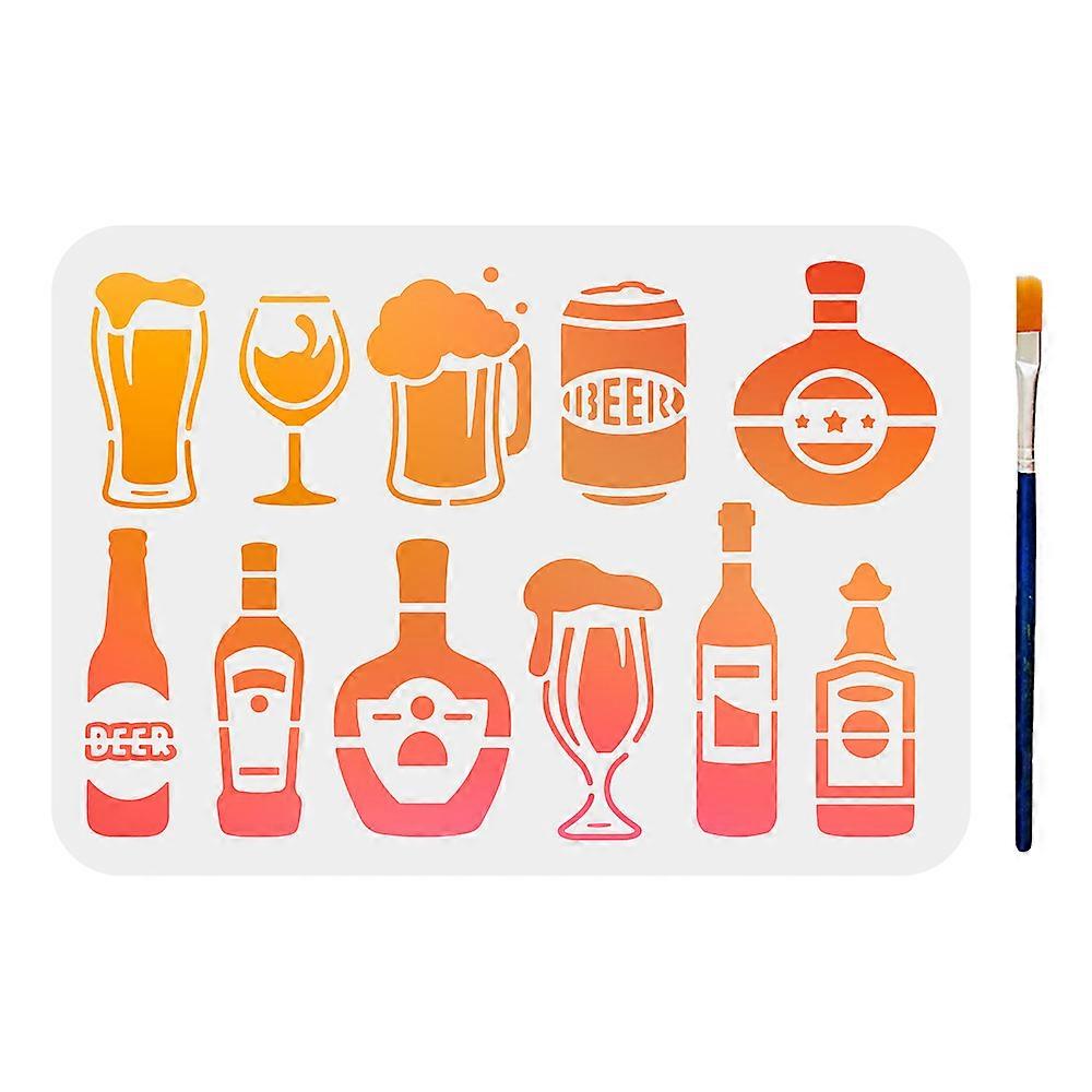 1Set 1Pc PET Hollow Out Drawing Painting Stencils with 1Pc Art Paint Brushes for DIY Scrapbook Photo Album Oktoberfest Theme Pattern 210x297mm