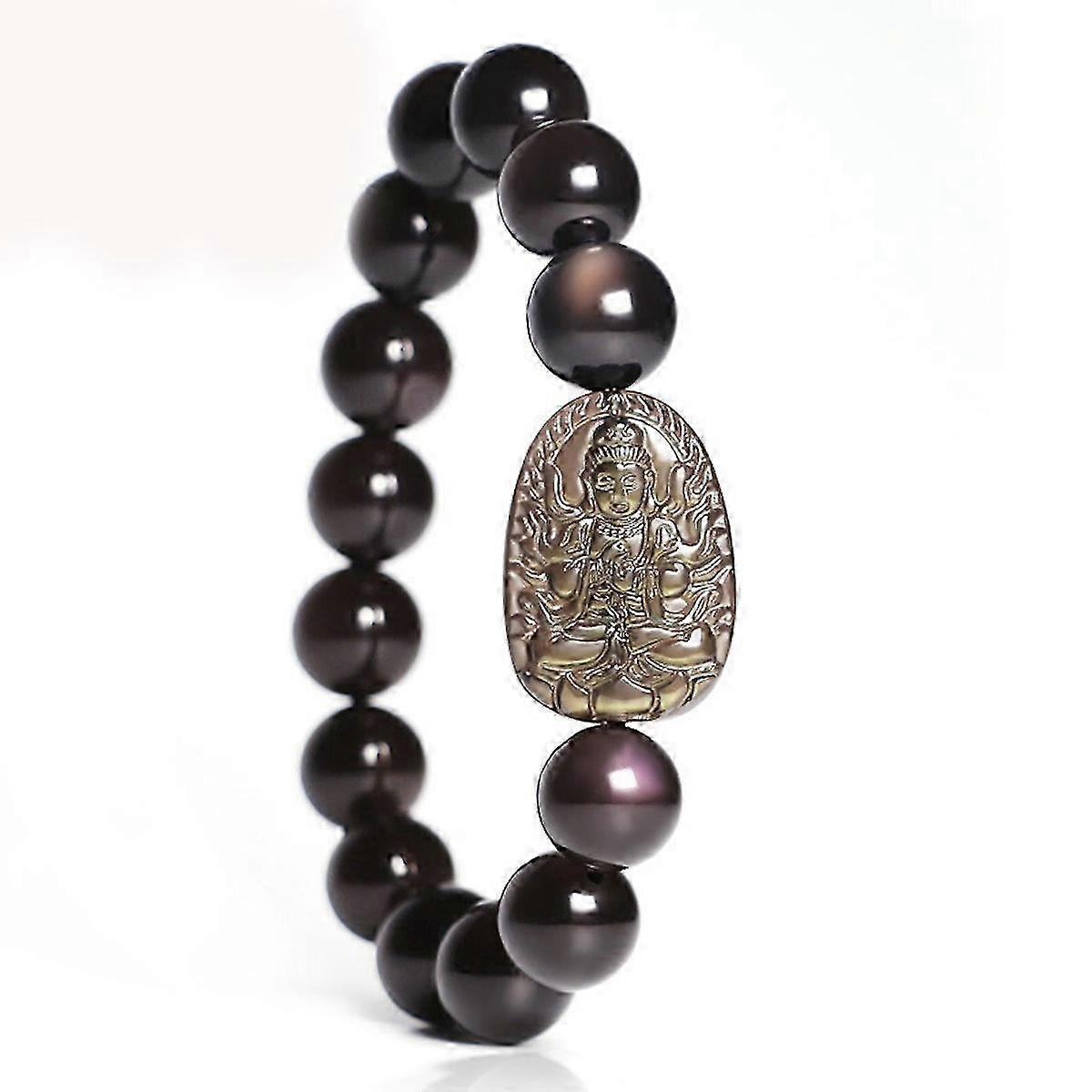 Natural Black Obsidian Bracelet Round Kwan Yin Beaded Luck Crystal Bracelet