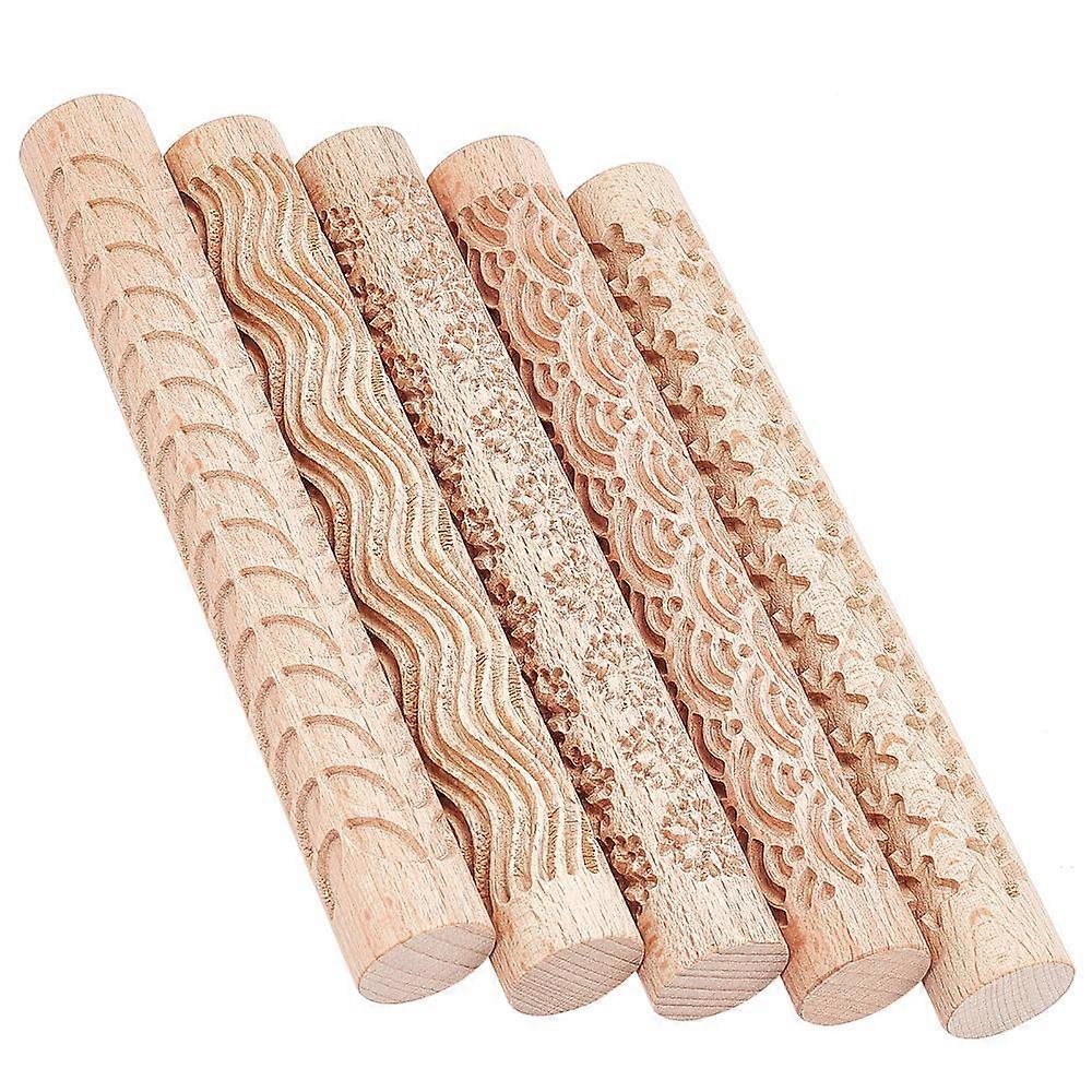 1Bag 5 Styles Wooden Handle Clay Texture Roller 6 Inch Modeling Pattern Pottery Tools Handmade Clay Slab Rollers Pins for Ceramics Pastries Cookies or