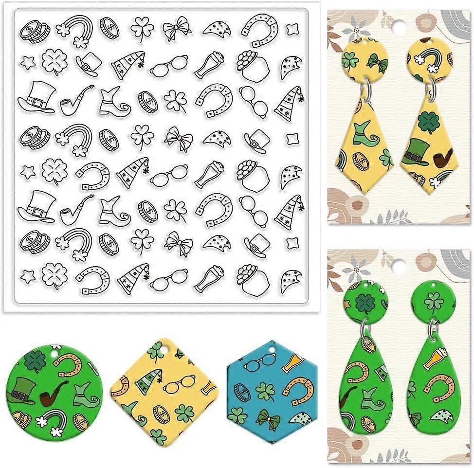 Polymer Clay Texture Sheets St. Patrick's Day Silicone Clay Texture Mat Lucky Straw Bow Glasses Silicone Texture Stamps Clay Modeling Pattern Pad for 