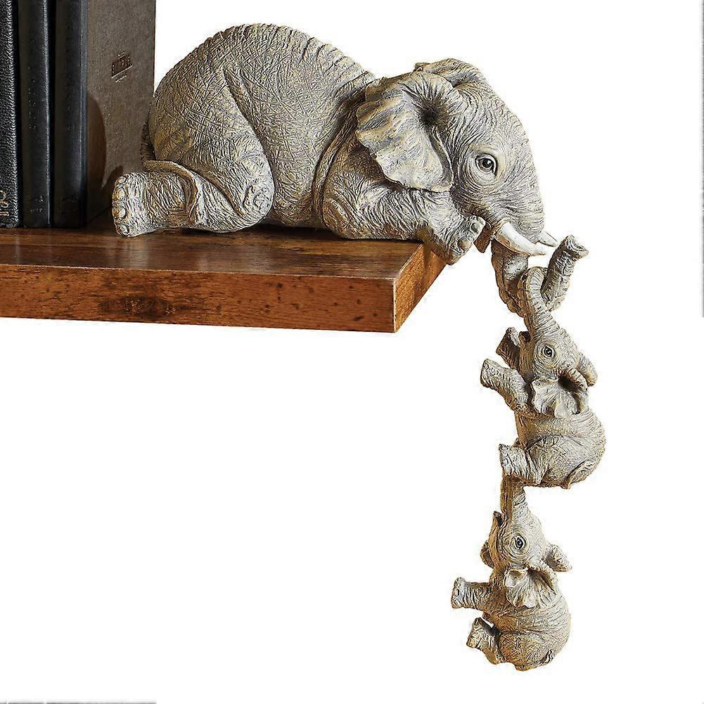 Full Size Elephant Caregiver Hand-Painted Figurines Set of 3, Mother and Two Baby Elephants for Shelf or Table Decor