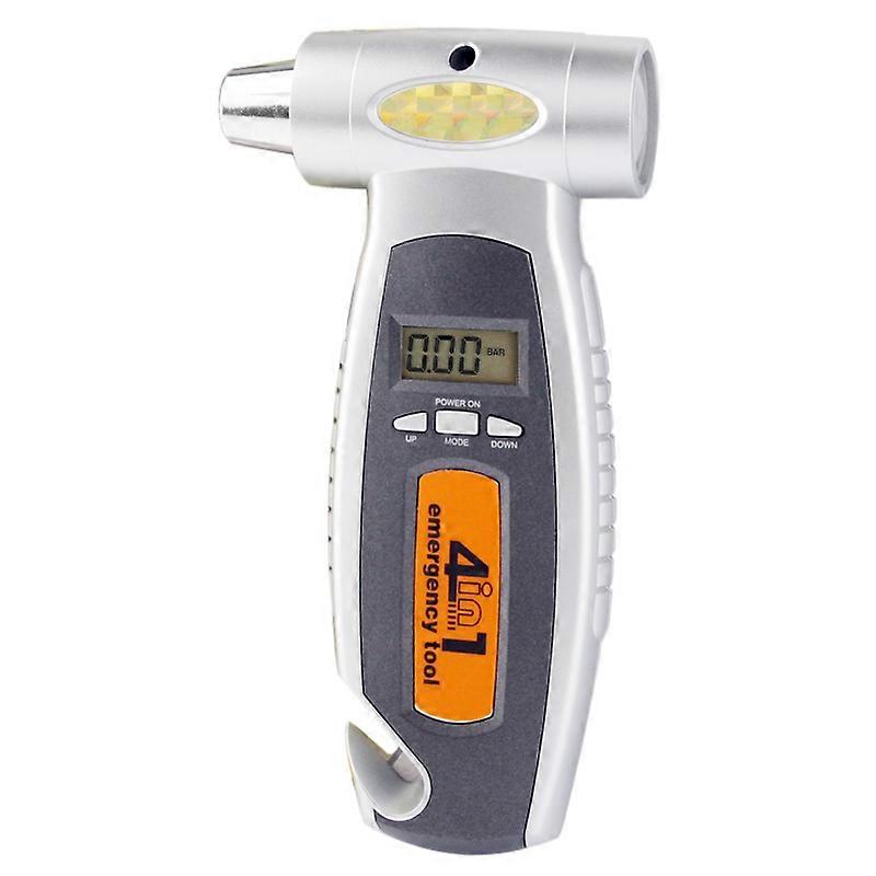 (Neu) 4 in 1 (Digitale Reifenanzeige + Taschenlampe + Notfallhammer + Notfall-Sicherheitsgurtschneider) Notfall-Utility-Tool (Silber)
