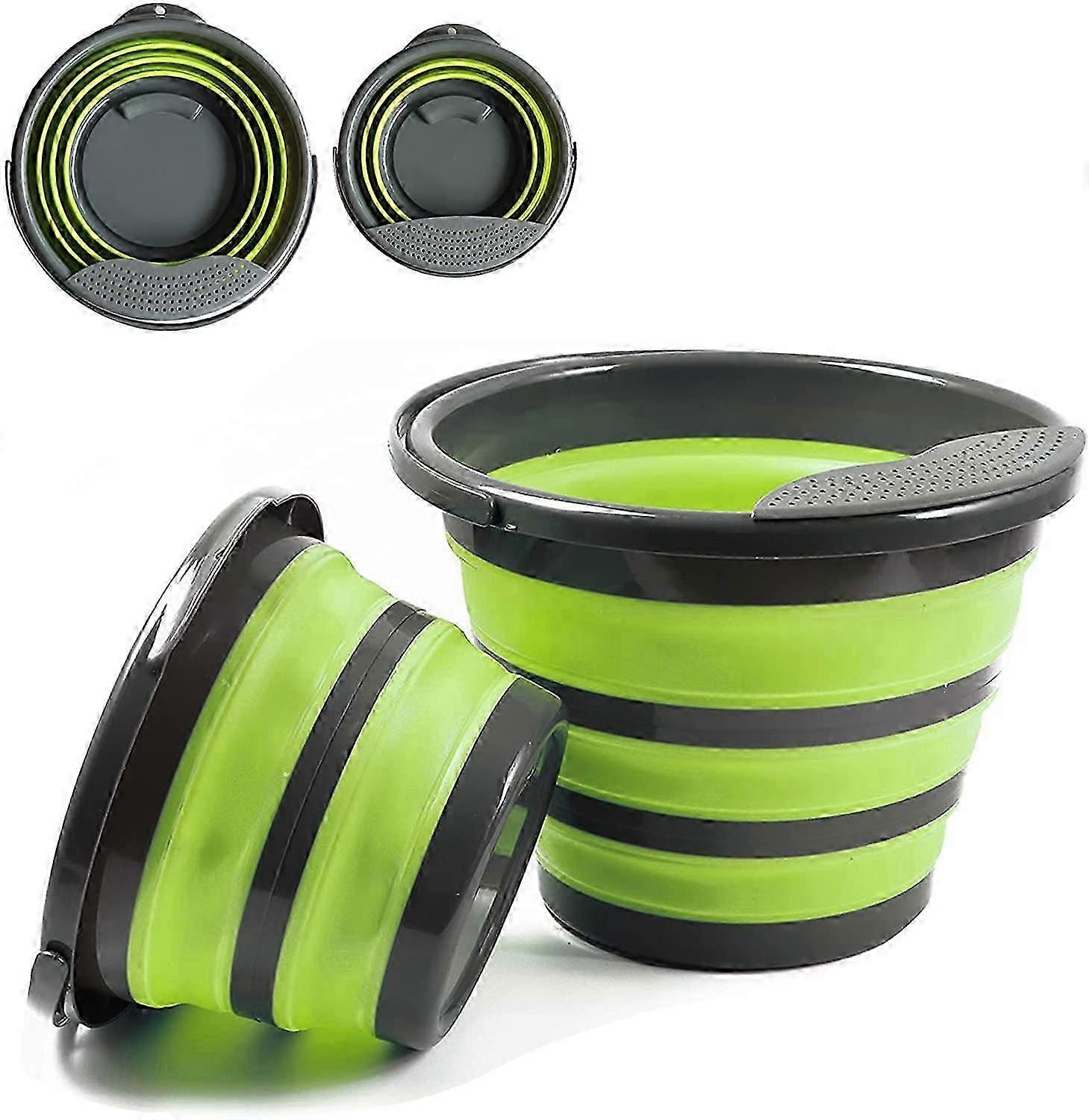 Collapsible Bucket,2 Pack Cleaning Foldable Plastic Bucket w/Removable Filter, House Bucket Space Saving, 5 & 10 Liter Green