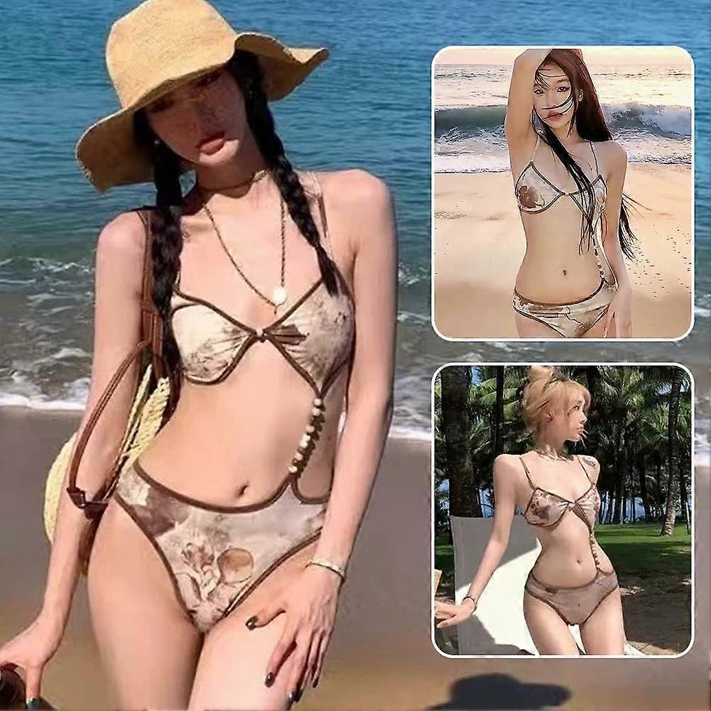 Retro Irregular Shoulder Strap Printed High end Sexy Set Beach Resort Swimsuit
