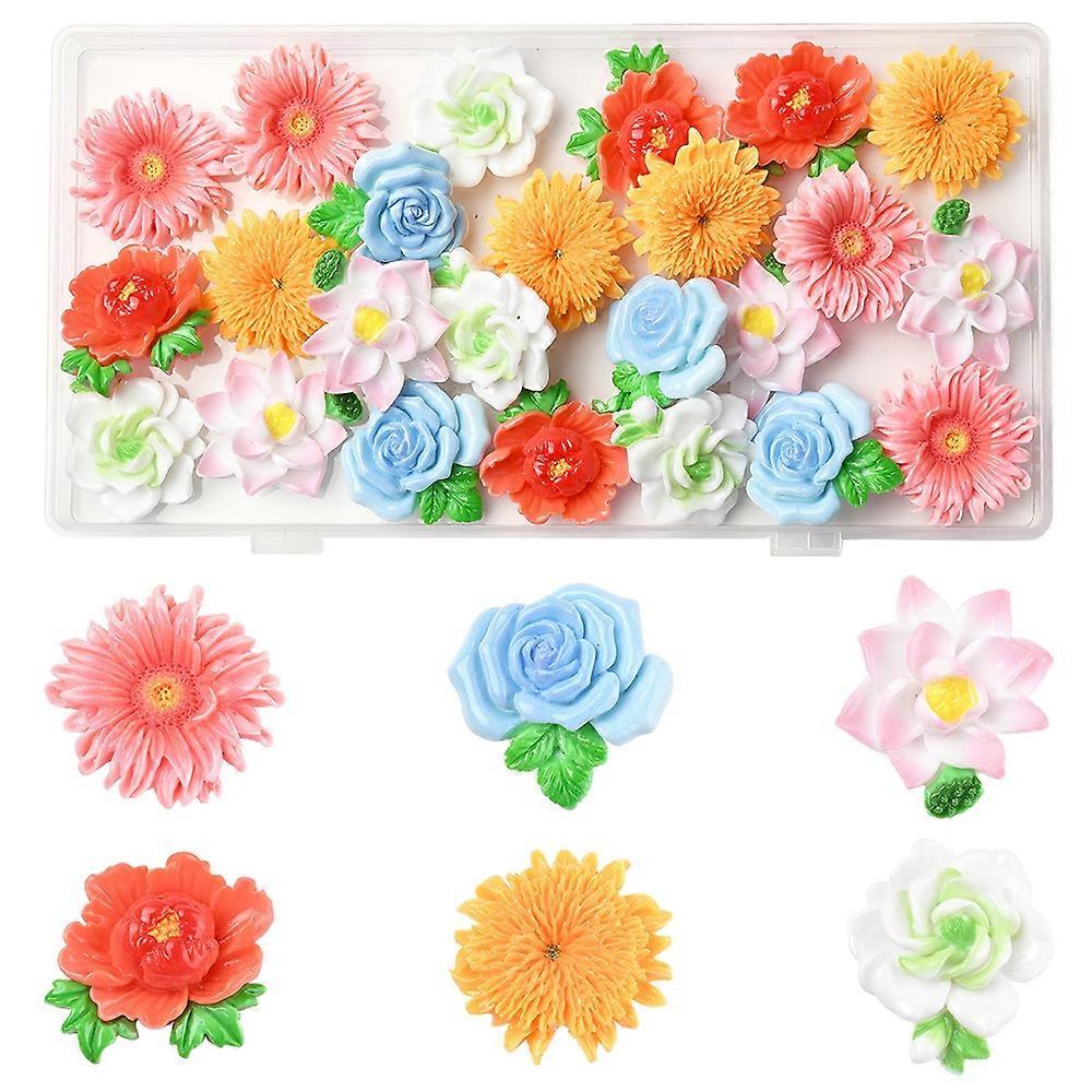 24Pcs 6 Styles Opaque Resin Flowers Cabochons Mixed Color Jewelry Findings For DIY