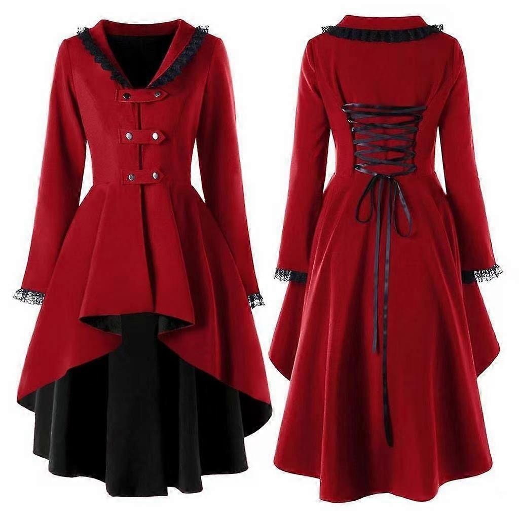 Women's Gothic High-Low Coat Dress Vintage Lace Trimmed Long Sleeve Overcoat with Corset Back