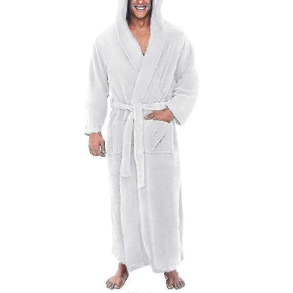 Soft Solid Long Hooded Bathrobe for Men, Fleece Lined Dressing Gown Nightwear Robe