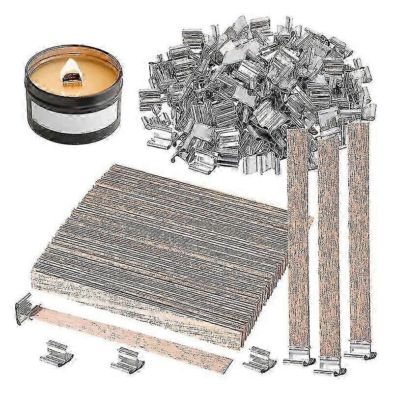 100 Pack Wooden Candle Wicks for Candle Making, 6 Inch Wood Wicks/Smokeless Candle Wicks with Metal Base Clip Suitable for Various Brand Can