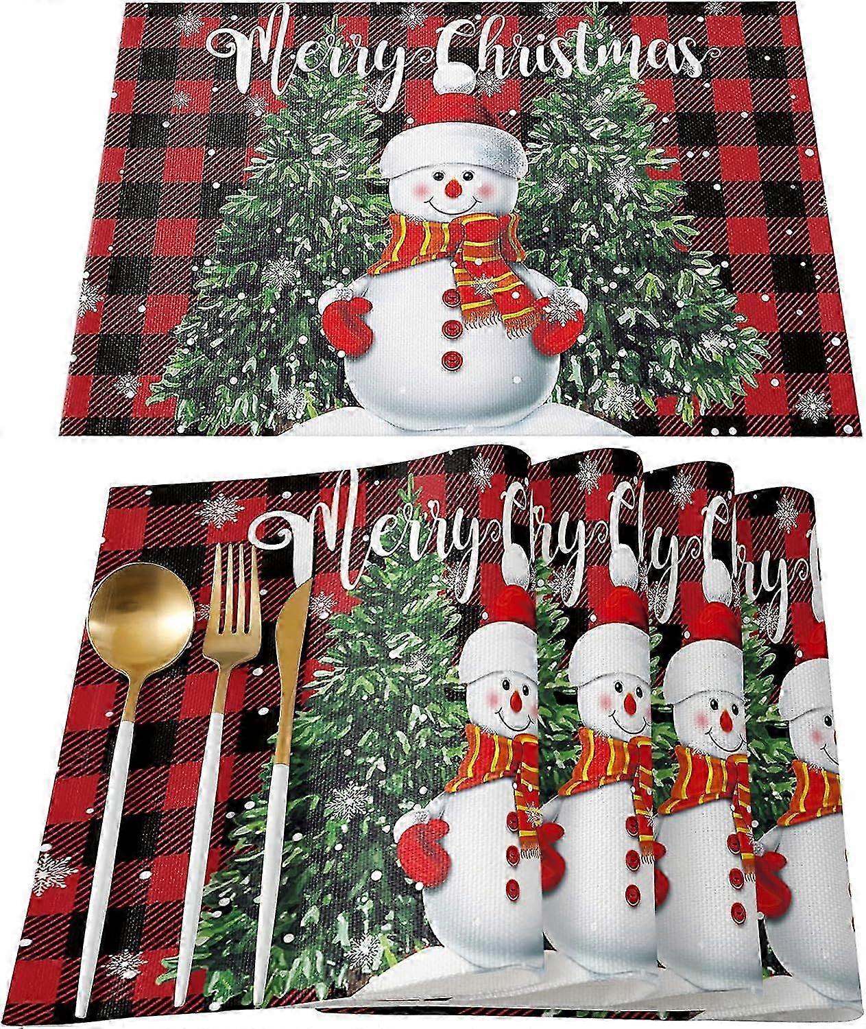 Noel Karadamı Masa Örtüleri Yemek Masası için 4'lü Set Sevimli Karadamı ile Xmas Ağacı Kırmızı ve Siyah Buffalo Ekoseli Pamuk Keten