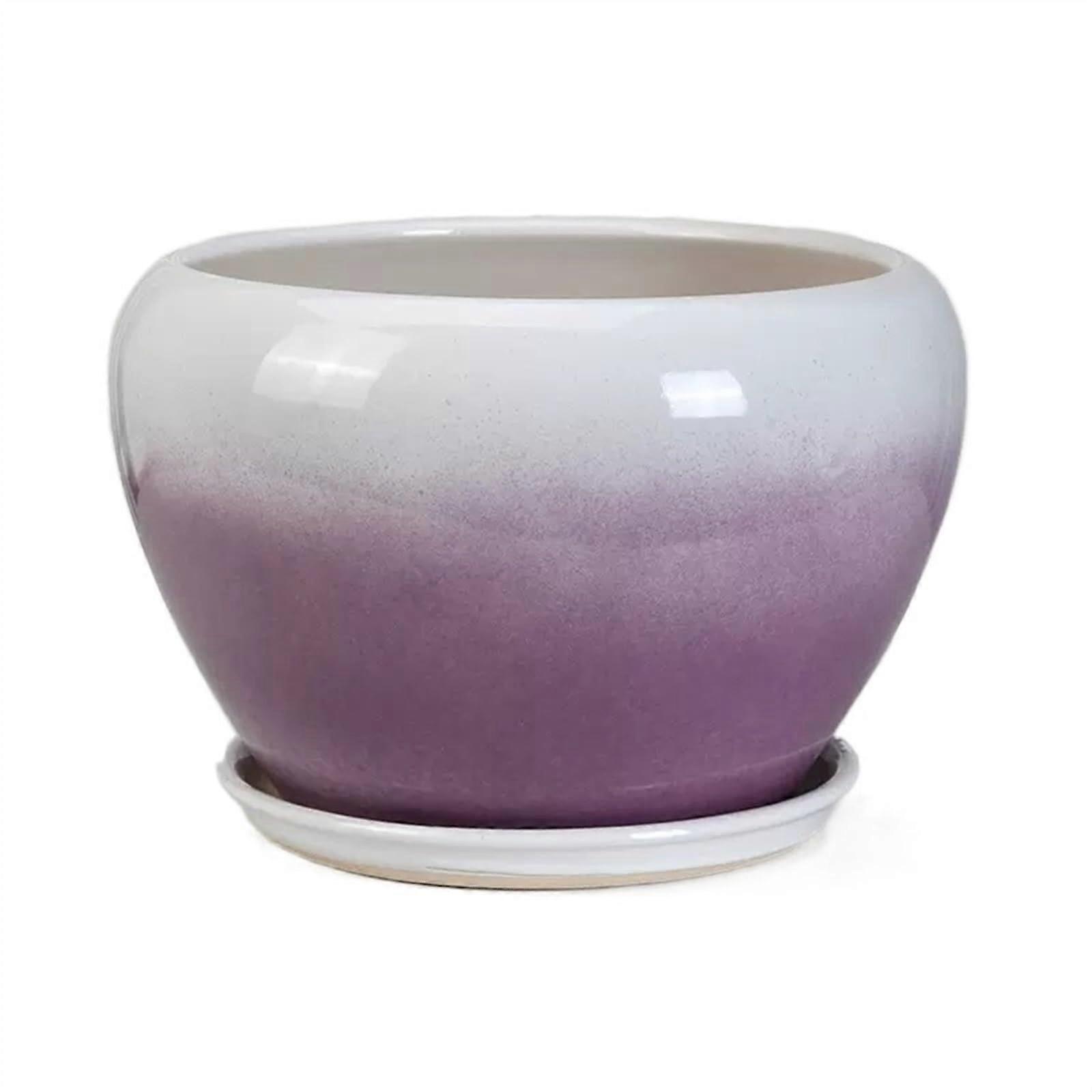 Large Gradient Ceramic Flower Pots with Tray, Round Indoor Planters for Succulents and Green Plants, Purple, Medium Size
