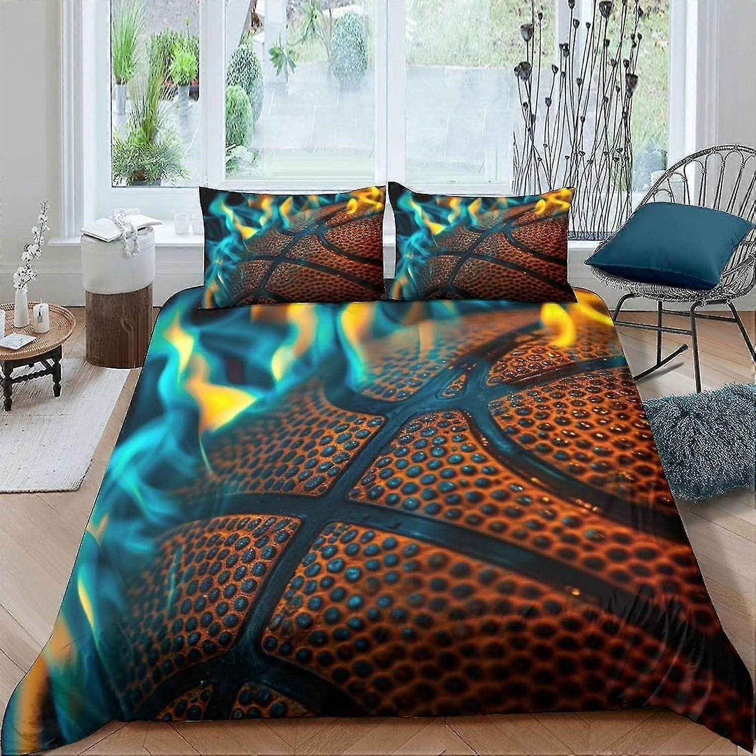 Basketball Fire Duvet Cover Set for Teens and Adults with Pillow Cases and Zipper Closure