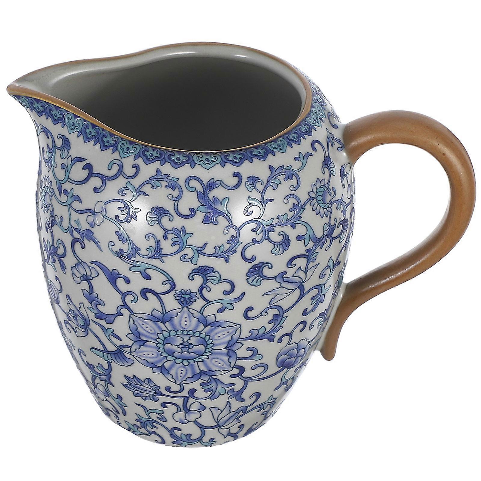 Ceramic Milk Jug Blue And White Retro Pitcher with Handle for Home Use Frothing 1Set