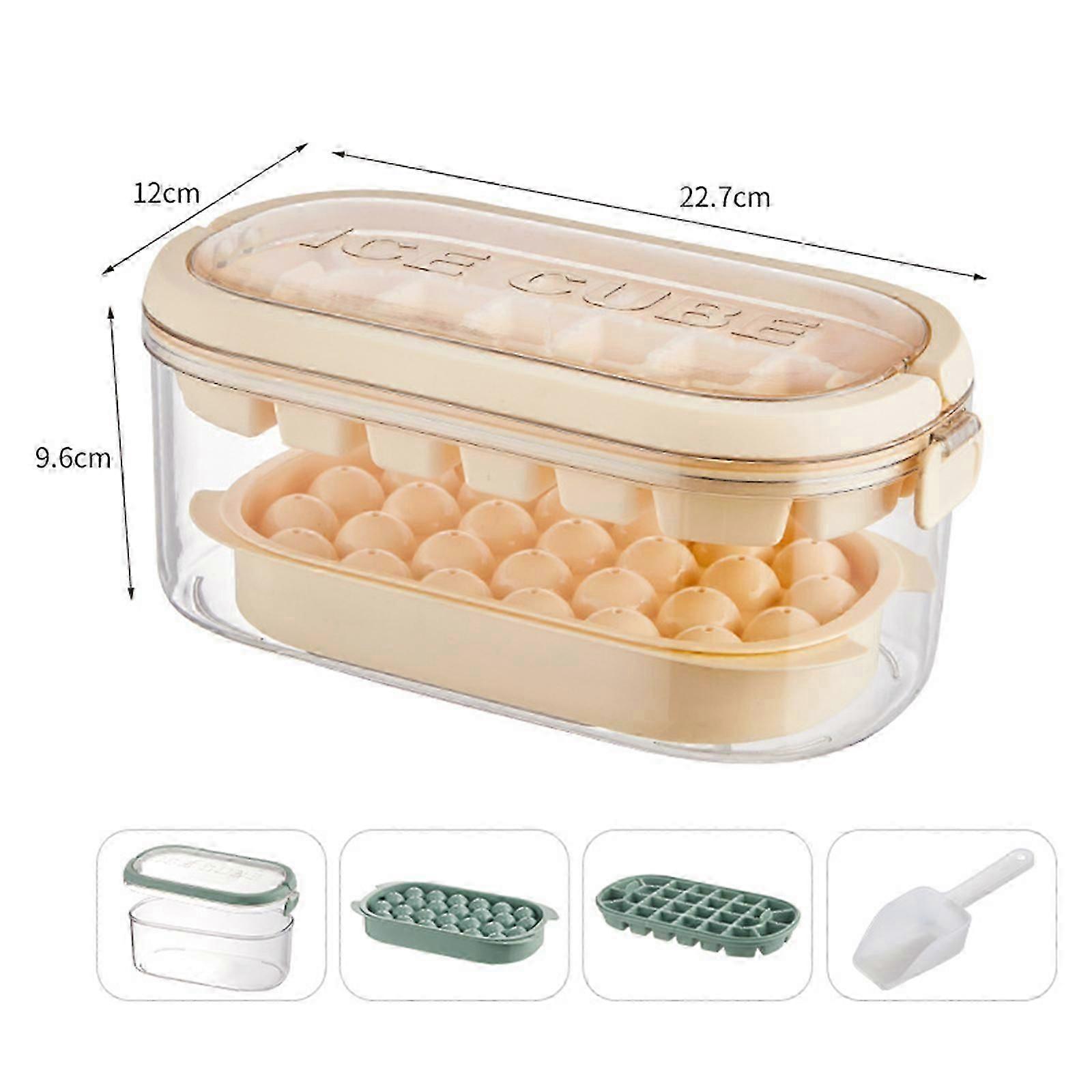 Ice Cube Tray with Lid and Bin, Sphere Ice Cube Maker Ice Cube Trays for Freezer, 2 Tiers Ice Cube Moulds Square and Round Ice Tray