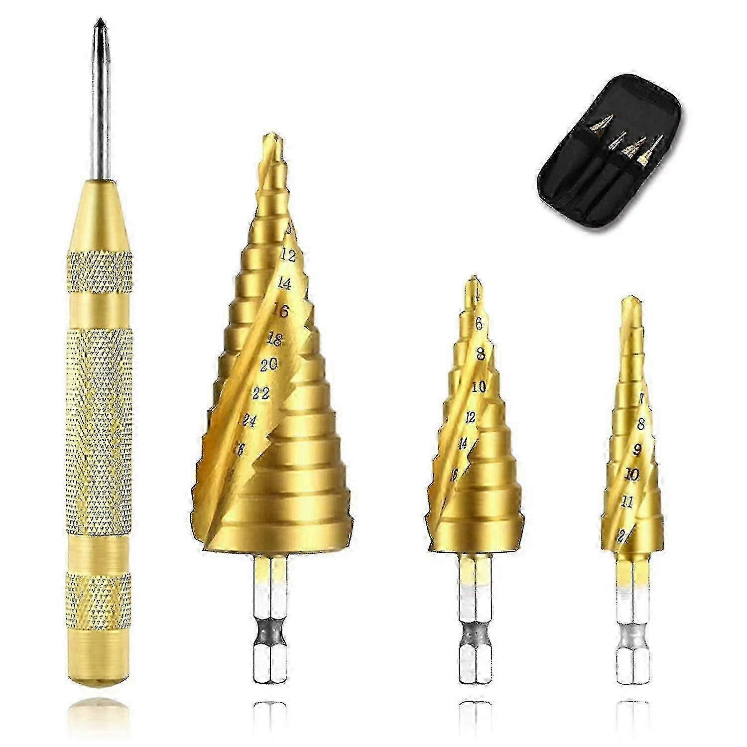 2025 Hss Titanium-coated Spiral Groove Step Drill 4-piece Set With Automatic Center Punch 1/4" Hexagon Shank Drill Bit