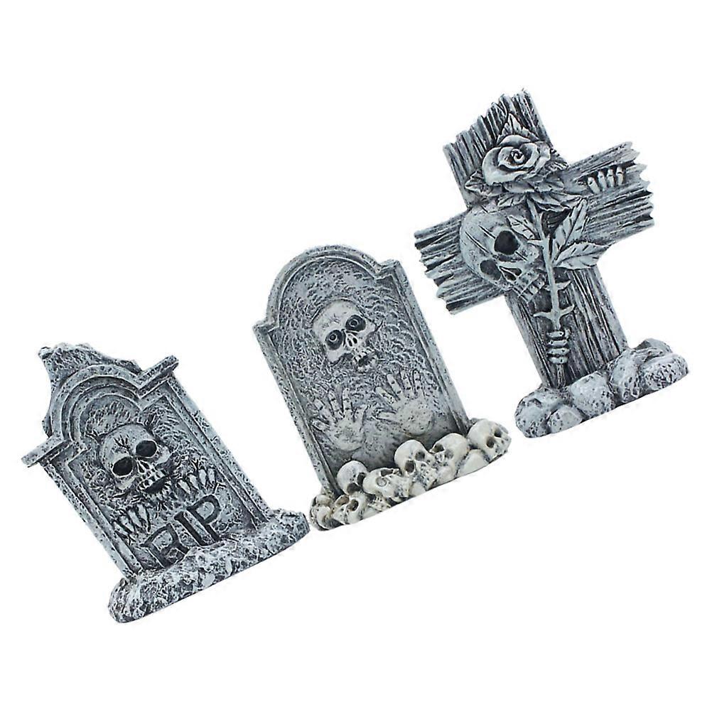 Gothic Horror Graveyard Statues 3Pcs Headstone Decorations Perfect For Halloween Party Lawn Props Grey