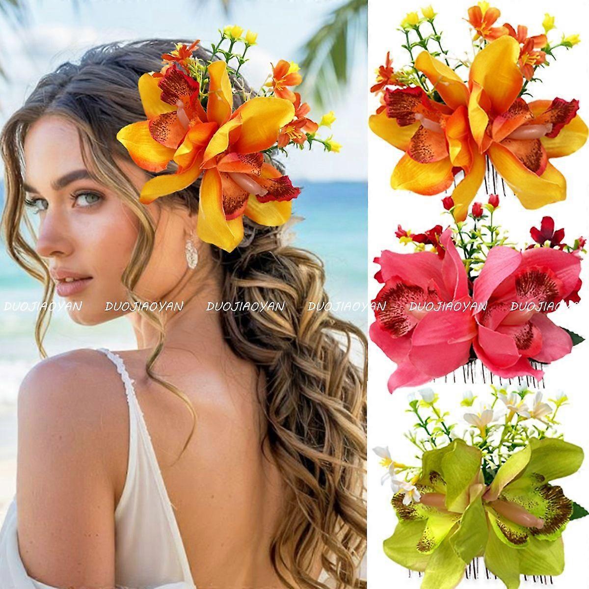 3pcs Pentes de Cabelo com Flores Havaianas: Slides de Metal com Orquídea Artificial - Acessórios de Cabeça de Noiva Floral - Clipe de Lado de Casamento Floral Hairpin Bang Barrettes Acce
