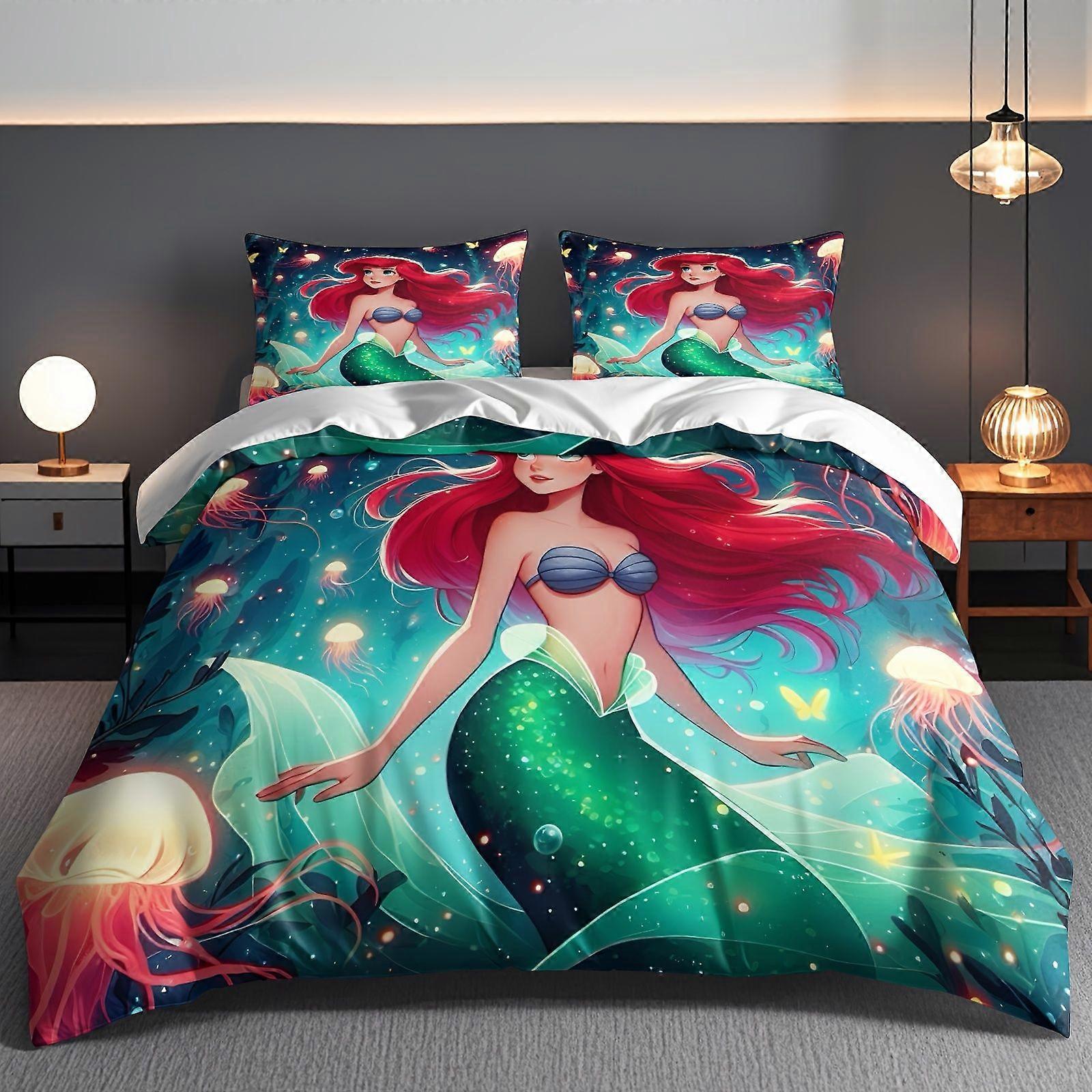 TE1066 3pcs The Little Mermaid Ariel Cartoon Patterned Bedding Sets, Quilt Covers And Pillowcases Lightweight And Warm Soft And Comfortab