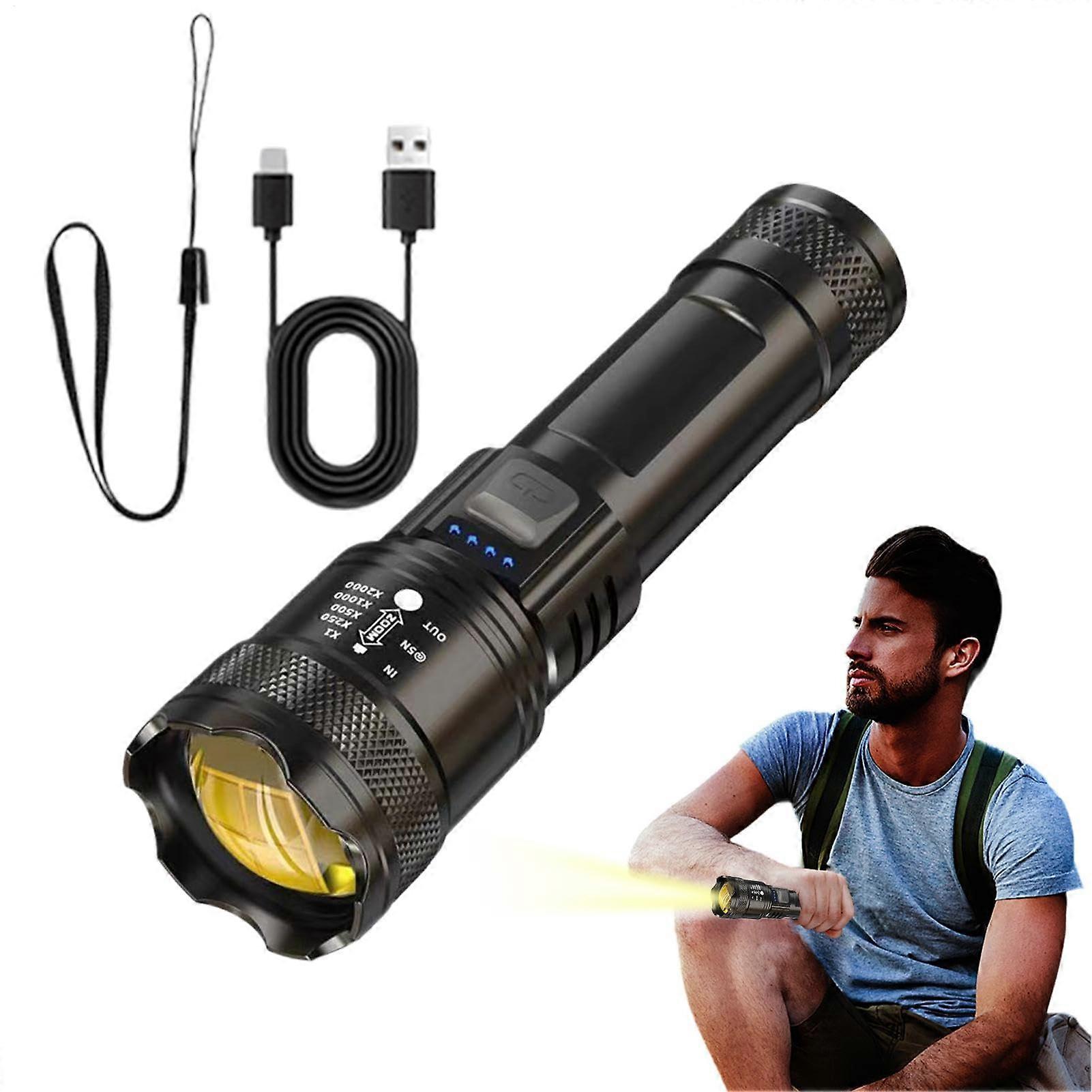 LED Flashlight Emergency Flashlight Zoomable Rechargeable Torch 3 Modes 250000 Lumens Waterproof For Camping