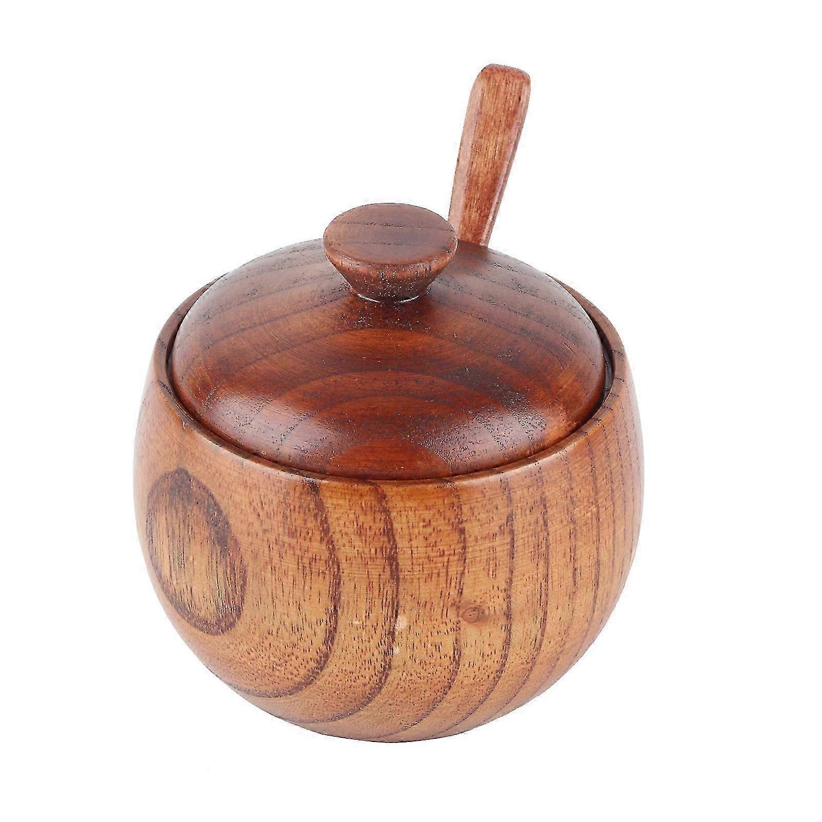 Solid Wood Seasoning Pot with Spoon and Lid - Kitchen Spice Jar for Sugar
