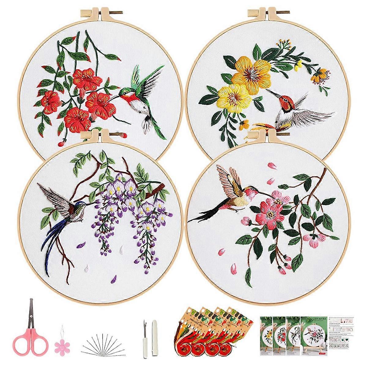 4 Pack Beginner Embroidery Kits for Adults, Hummingbird and Flower Embroidery Kit for Beginners with Clear Instructions