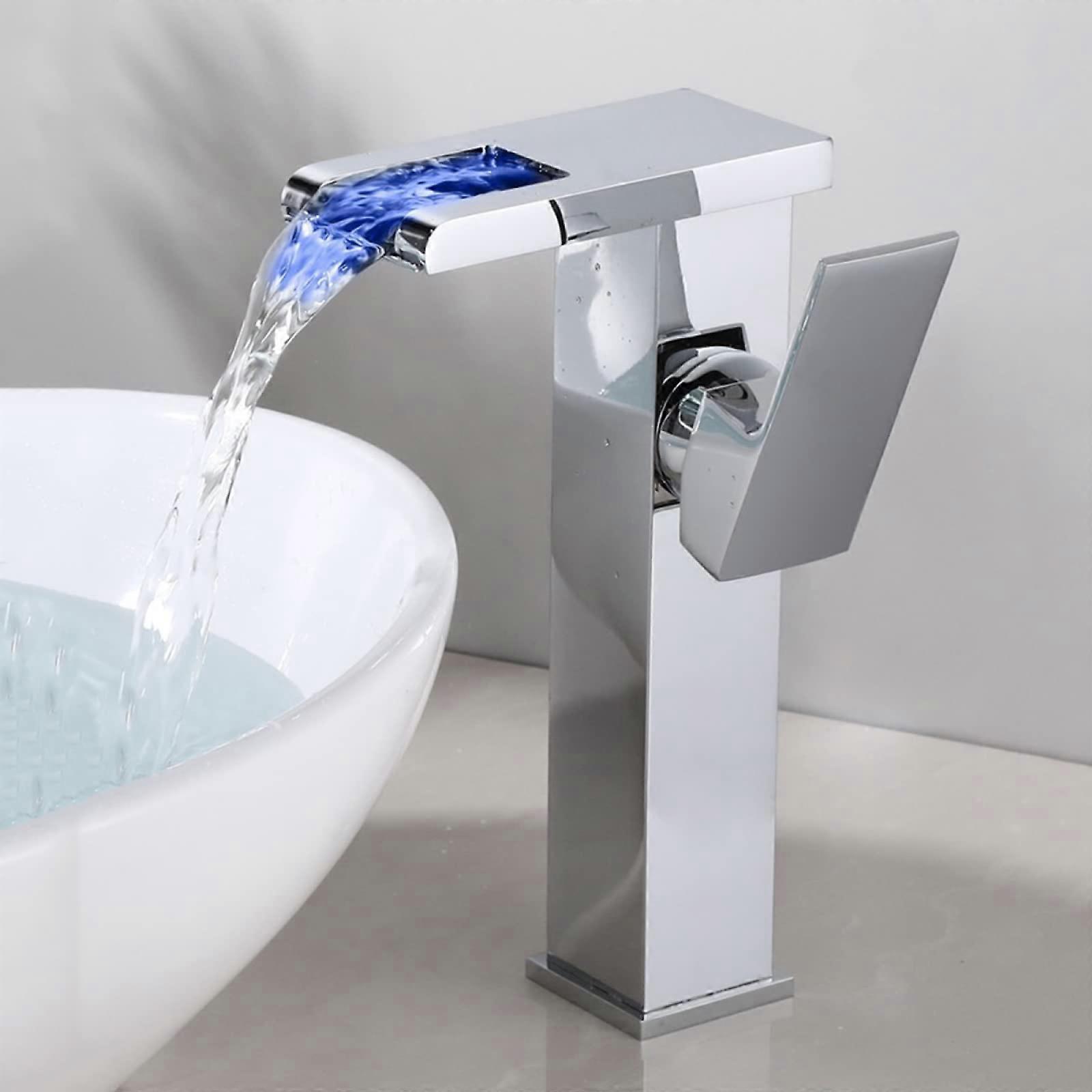 Waterfall Basin Mixer Led Lavatory Vanity Faucet, Brass, 1Hole Mount, Chrome, Hot/Cold, SingleHandle, 3Color LED